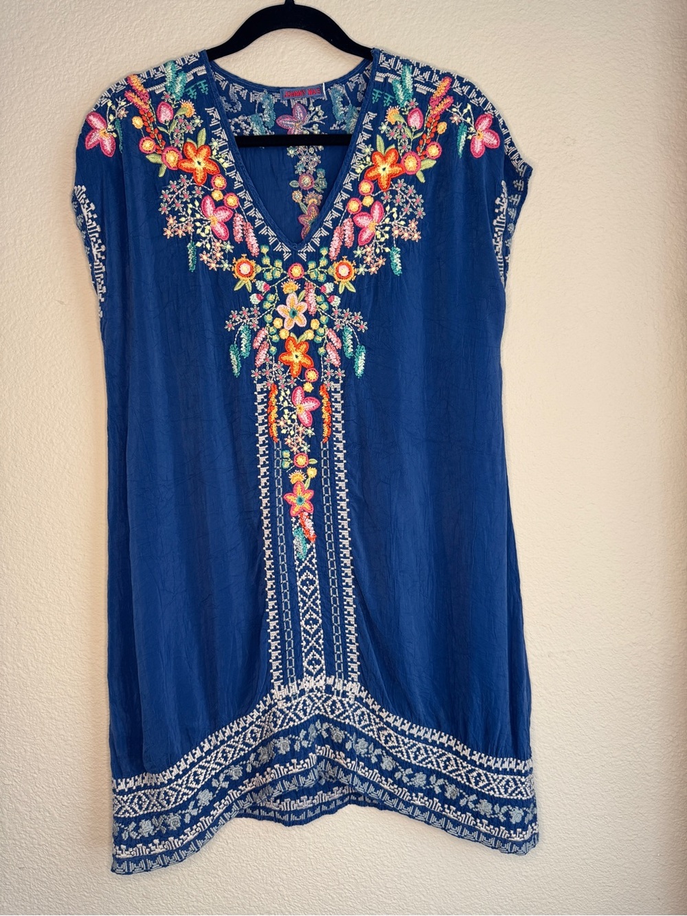 Johnny Was Blue Embroidered Floral Tunic Top | Cupra Rayon Boho Festival Size M
